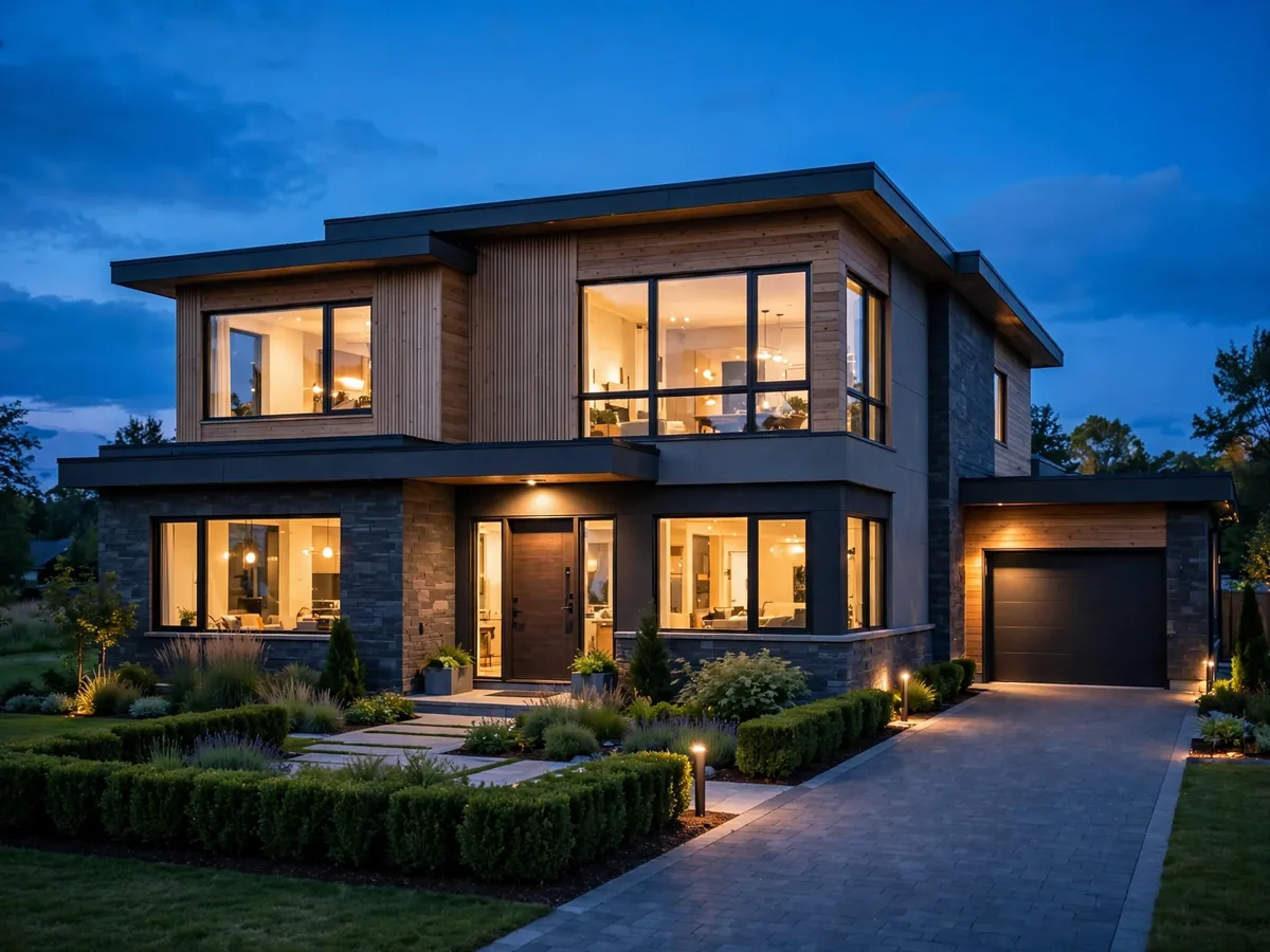 A beautiful modern house at dusk with warm light in the windows