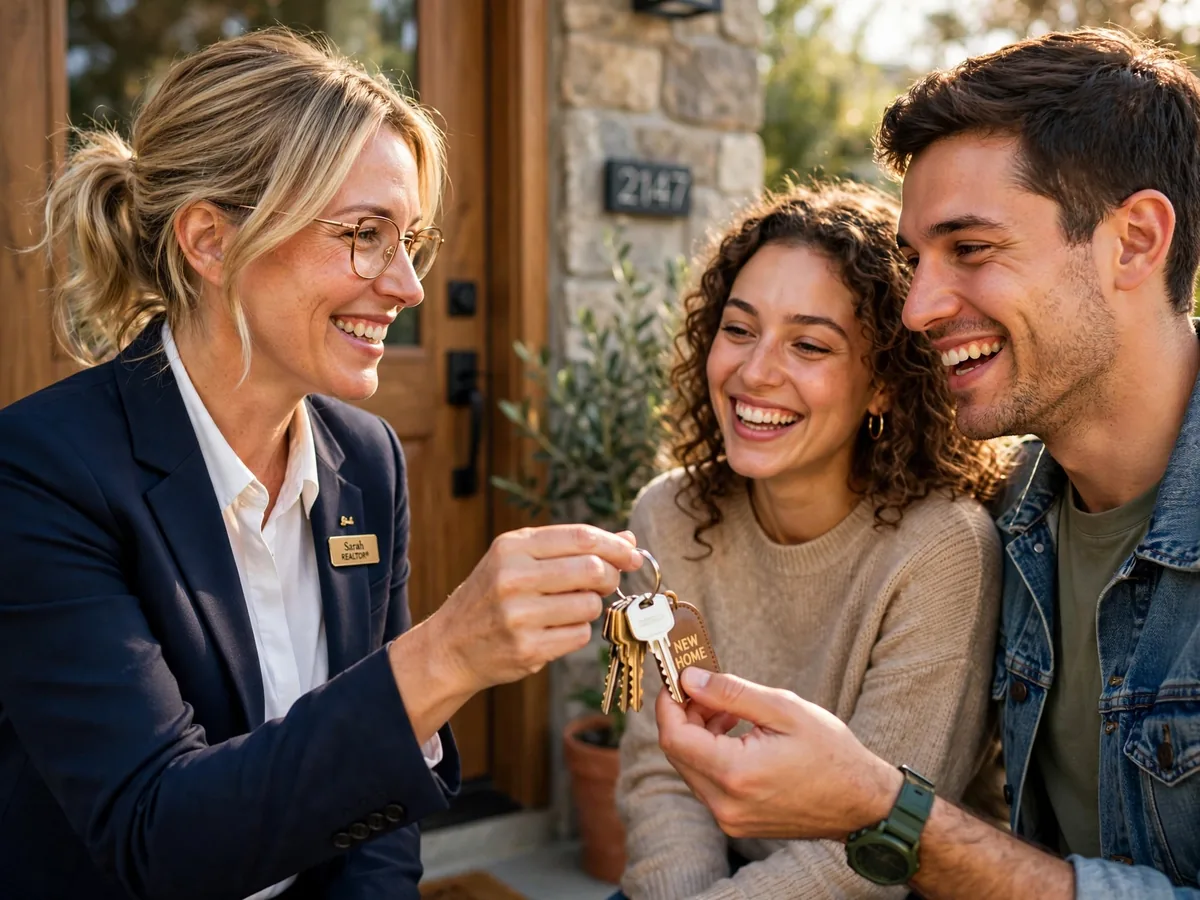 An agent handing the keys of a new home to a delighted couple at their front door