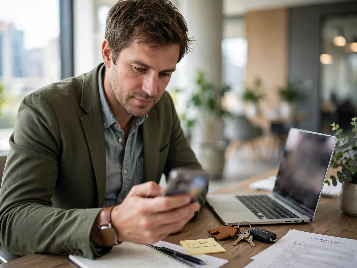 An agent at his desk replying to a lead on his phone, laptop and house keys beside him