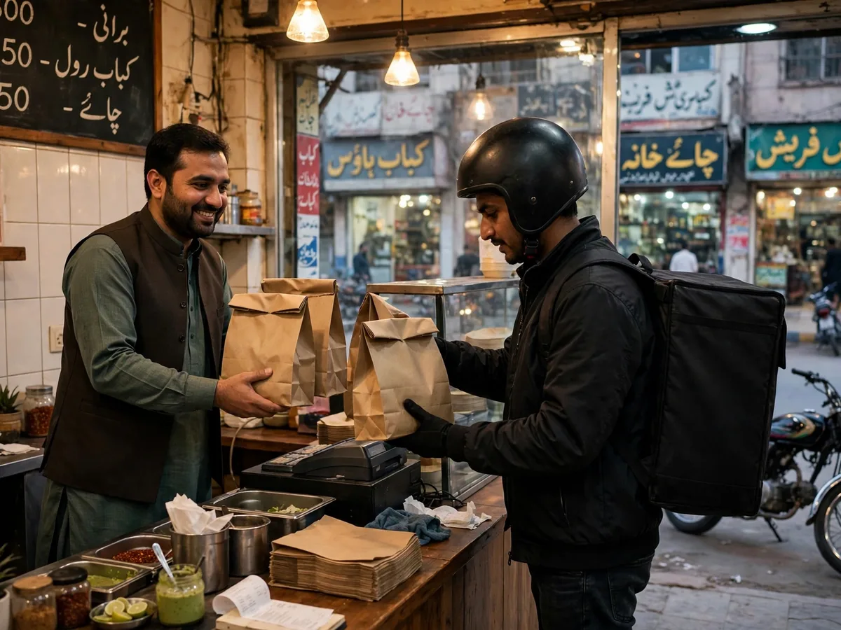 A delivery rider collecting takeaway bags from a smiling staff member at the counter