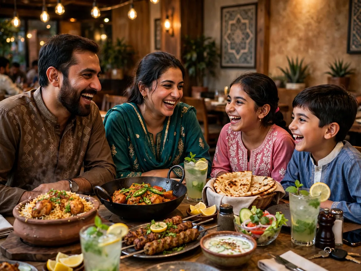A family laughing together over a table full of shared dishes