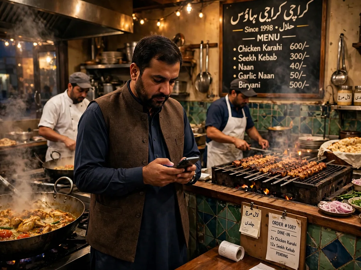 A restaurant manager checking orders on his phone while the kitchen works behind him